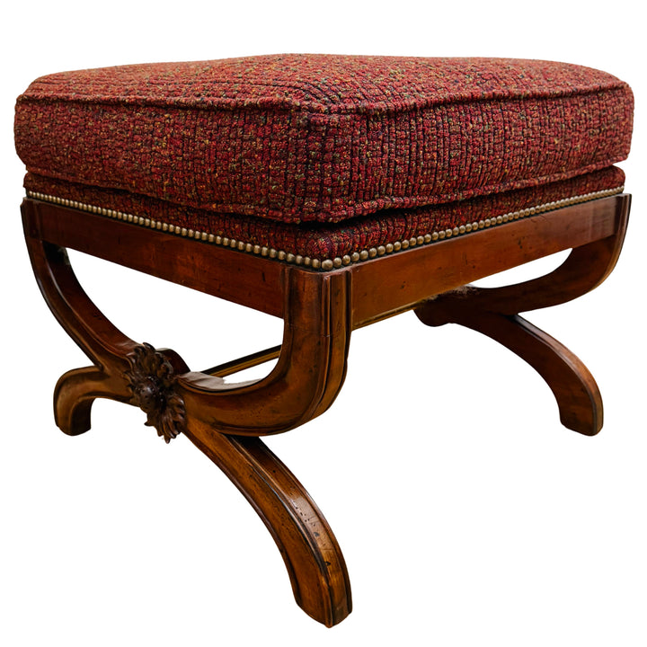 X-Frame English Regency Upholstered Ottomans With Carved Rosettes and Nailhead Trim