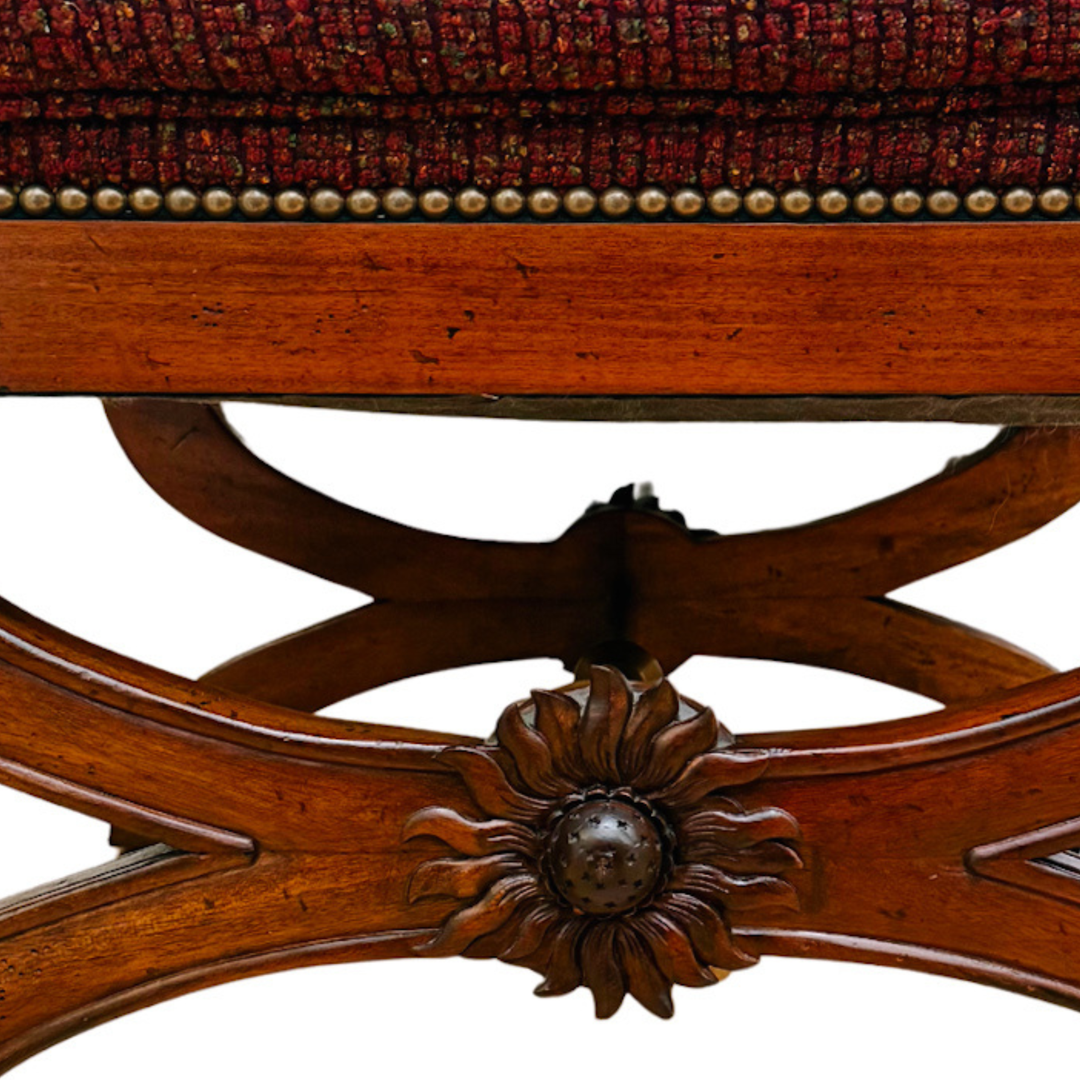 X-Frame English Regency Upholstered Ottomans With Carved Rosettes and Nailhead Trim