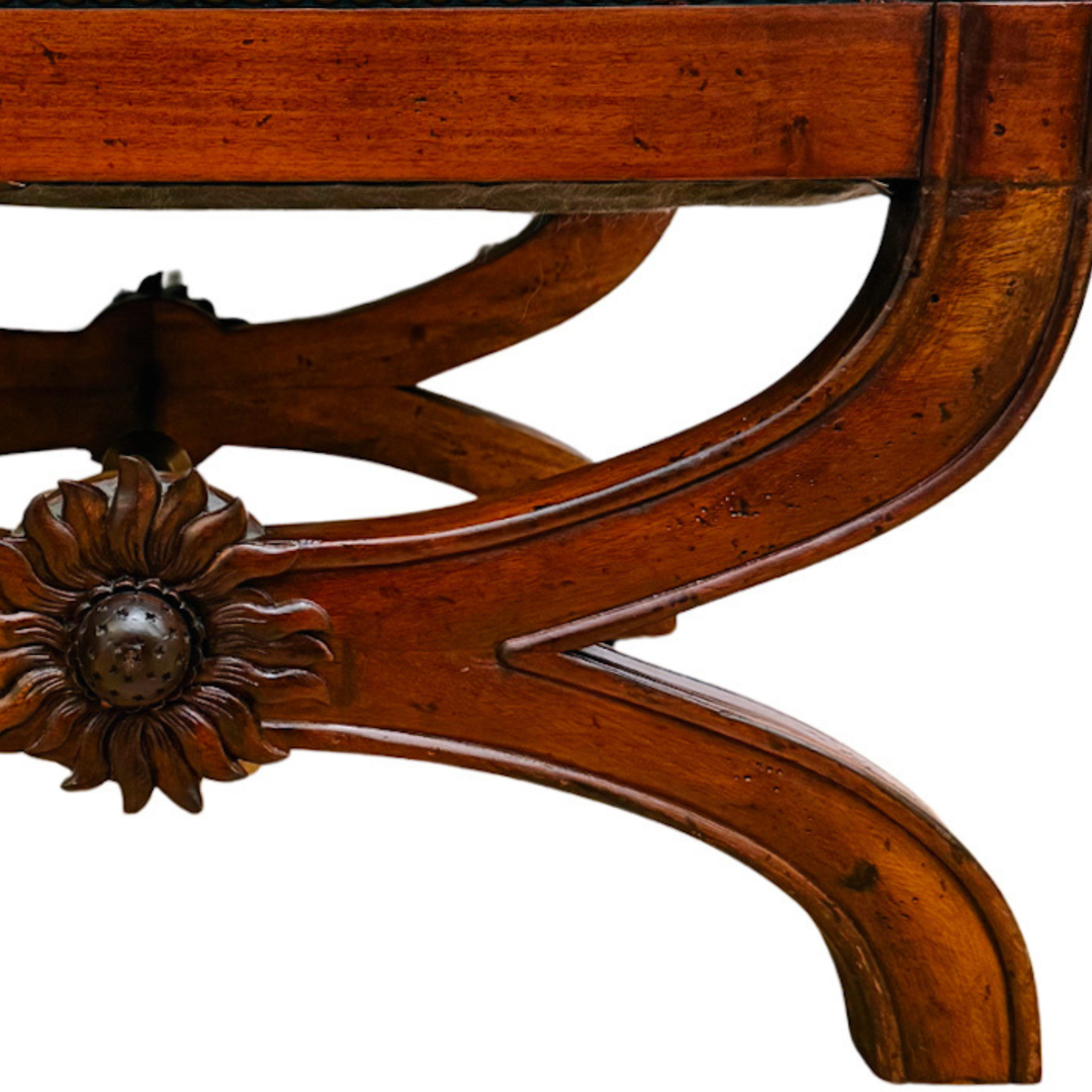 X-Frame English Regency Upholstered Ottomans With Carved Rosettes and Nailhead Trim