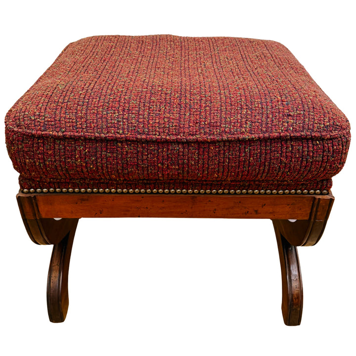 X-Frame English Regency Upholstered Ottomans With Carved Rosettes and Nailhead Trim