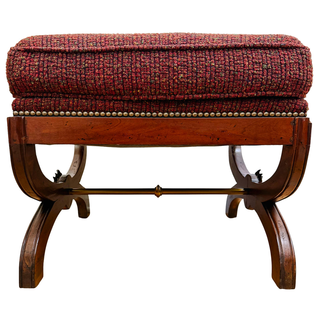 X-Frame English Regency Upholstered Ottomans With Carved Rosettes and Nailhead Trim