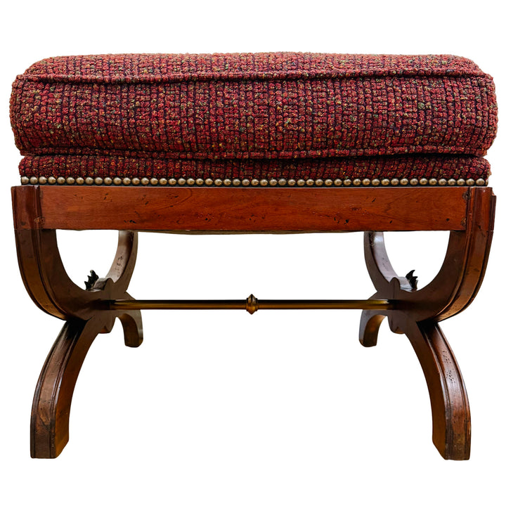 X-Frame English Regency Upholstered Ottomans With Carved Rosettes and Nailhead Trim