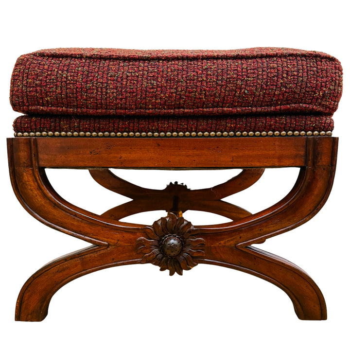 X-Frame English Regency Upholstered Ottomans With Carved Rosettes and Nailhead Trim