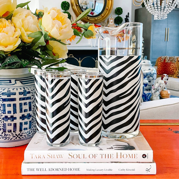 Vintage Zebra Print Highball Glasses & Pitcher Set