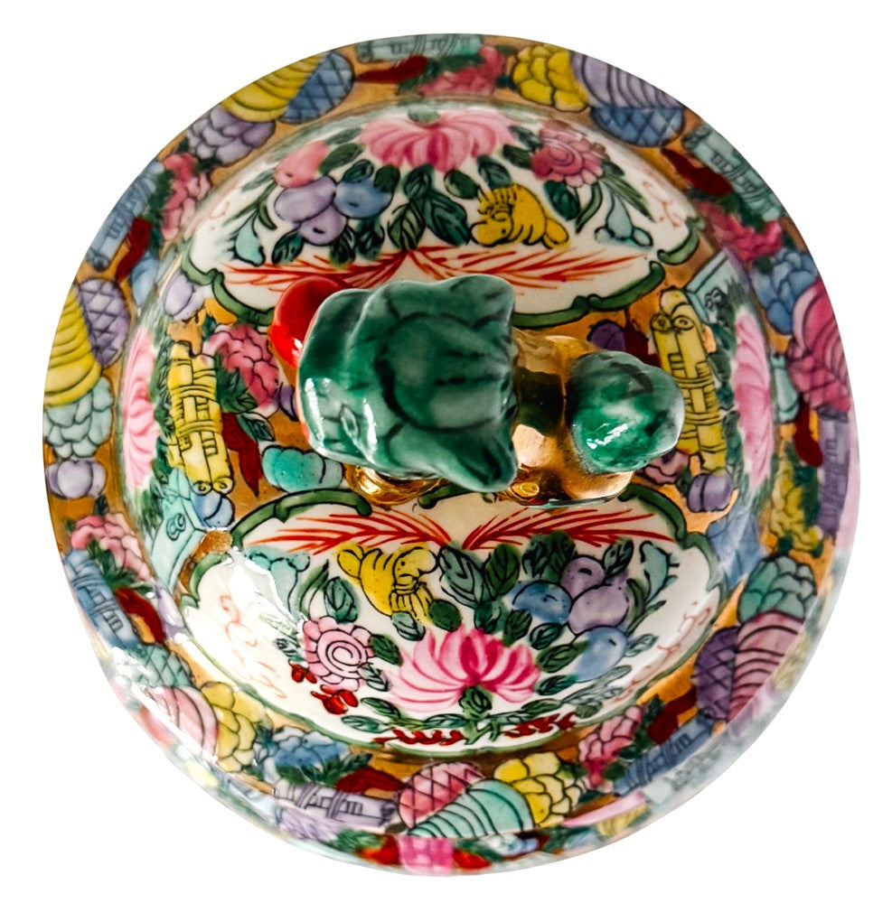 Large Vintage Chinese Rose Medallion Temple Jar with Gold & Green Foo Dog Lid 19"