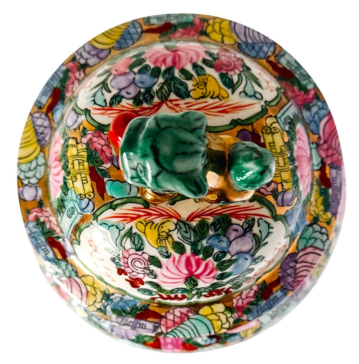 Large Vintage Chinese Rose Medallion Temple Jar with Gold & Green Foo Dog Lid 19"