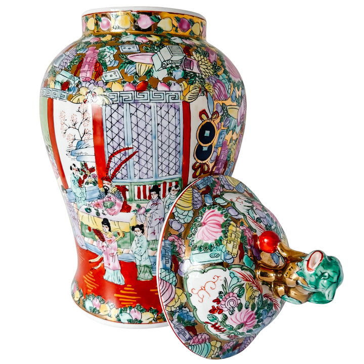 Large Vintage Chinese Rose Medallion Temple Jar with Gold & Green Foo Dog Lid 19"