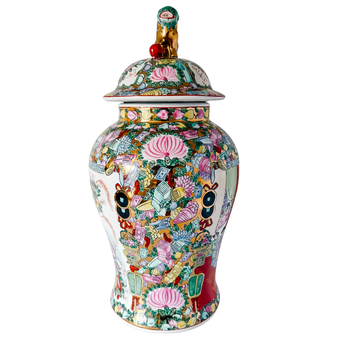 Large Vintage Chinese Rose Medallion Temple Jar with Gold & Green Foo Dog Lid 19"