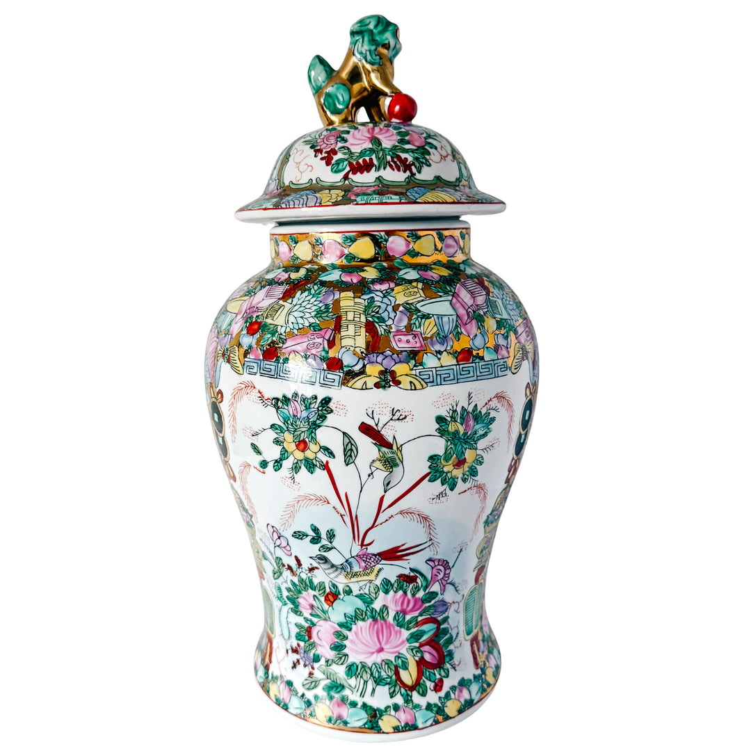 Large Vintage Chinese Rose Medallion Temple Jar with Gold & Green Foo Dog Lid 19"