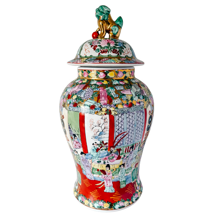 Large Vintage Chinese Rose Medallion Temple Jar with Gold & Green Foo Dog Lid 19"