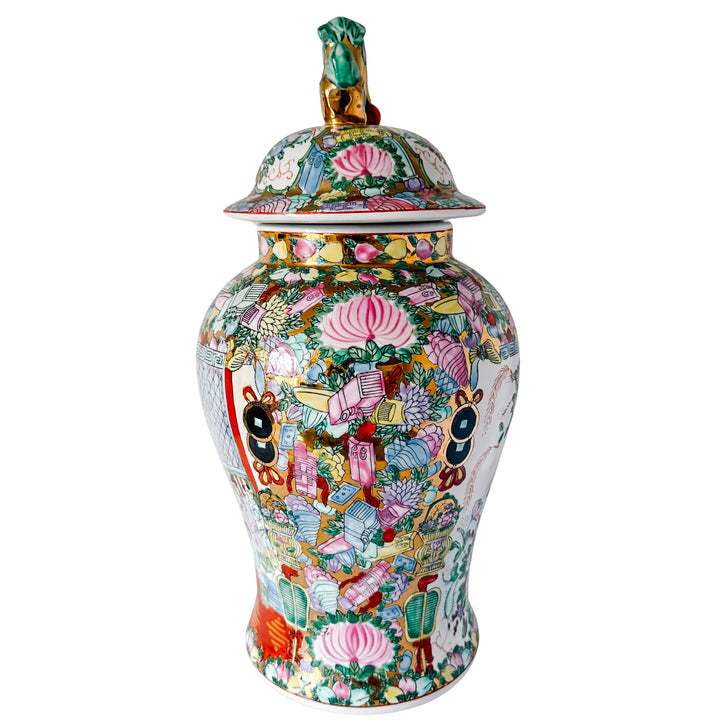 Large Vintage Chinese Rose Medallion Temple Jar with Gold & Green Foo Dog Lid 19"