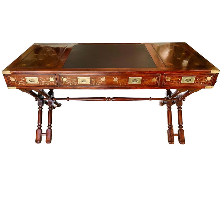 Anglo Indian Military Campaign Trestle Writing Desk With Brass Inlay