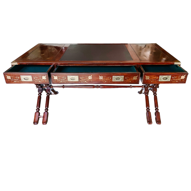 Anglo Indian Military Campaign Trestle Writing Desk With Brass Inlay