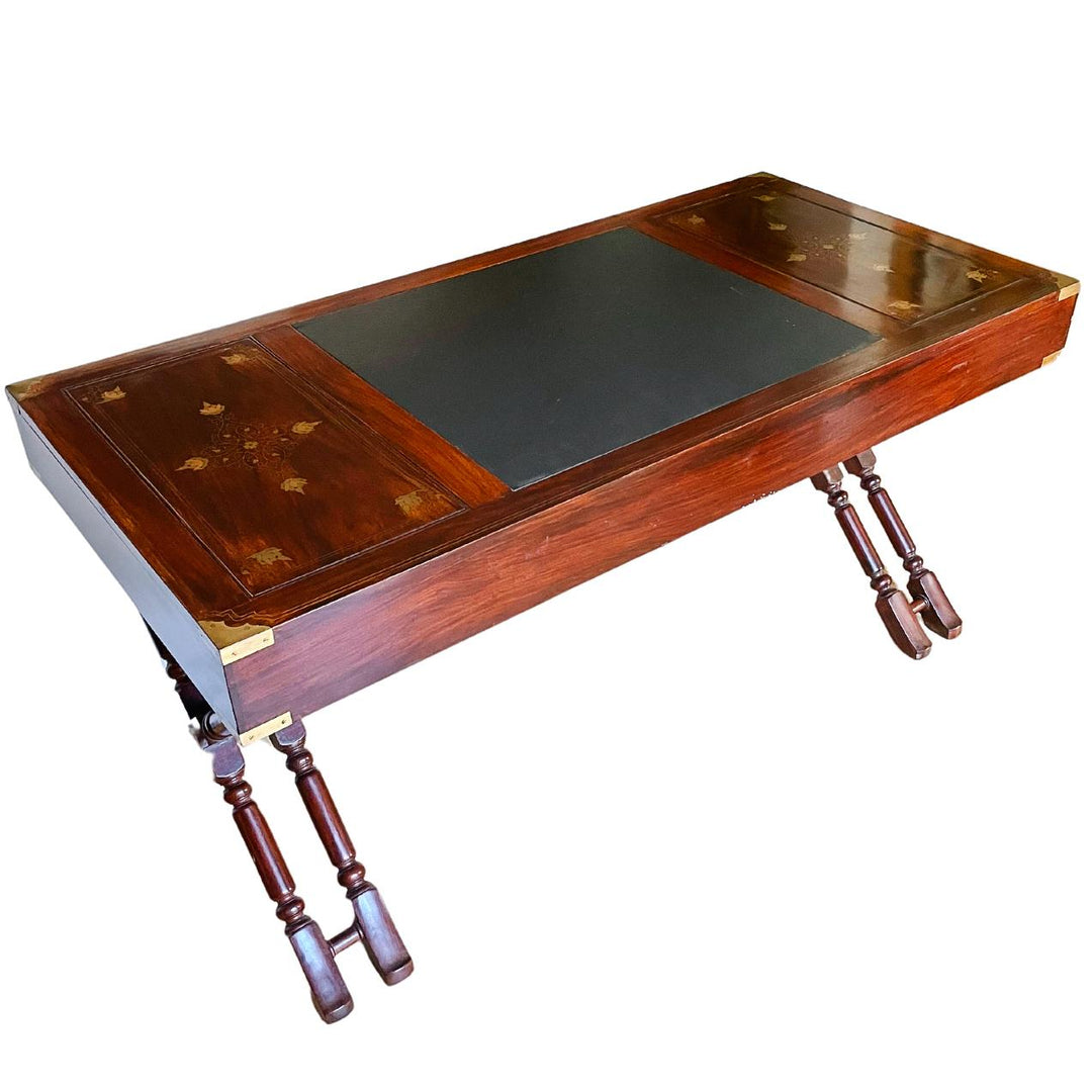 Anglo Indian Military Campaign Trestle Writing Desk With Brass Inlay