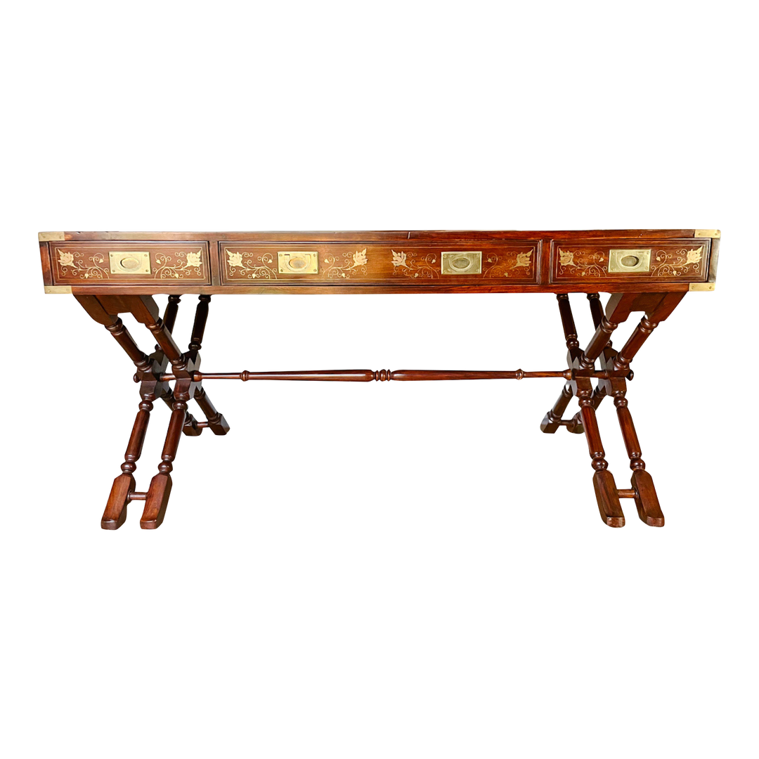 Anglo Indian Military Campaign Trestle Writing Desk With Brass Inlay