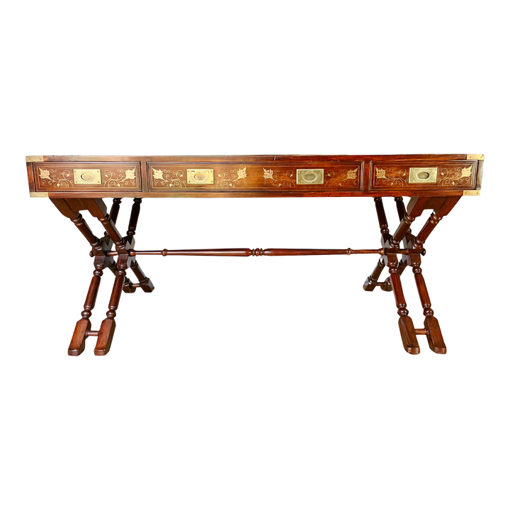 Anglo Indian Military Campaign Trestle Writing Desk With Brass Inlay