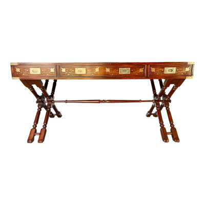 Anglo Indian Military Campaign Trestle Writing Desk With Brass Inlay