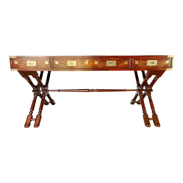 Anglo Indian Military Campaign Trestle Writing Desk With Brass Inlay