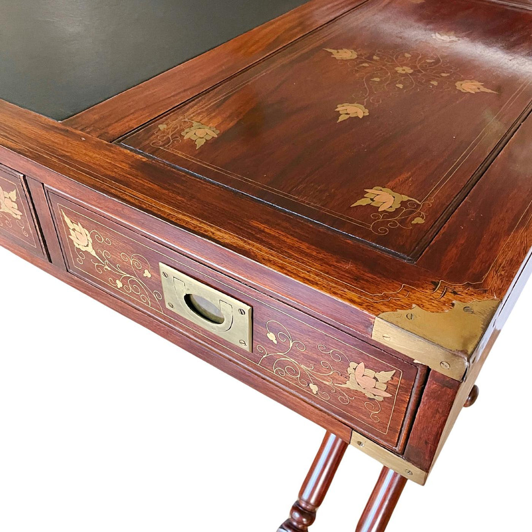 Anglo Indian Military Campaign Trestle Writing Desk With Brass Inlay