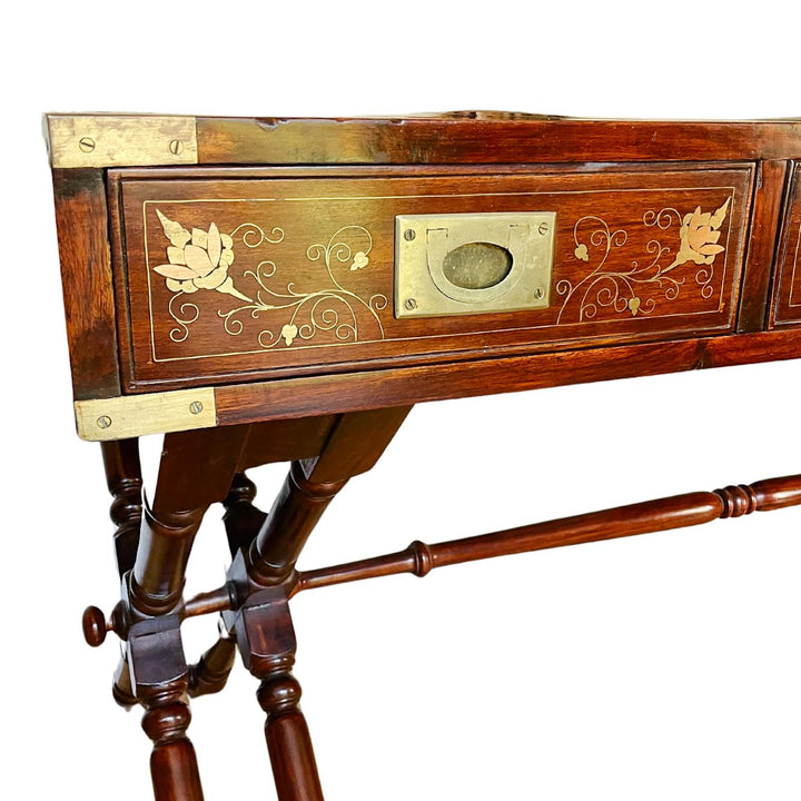 Anglo Indian Military Campaign Trestle Writing Desk With Brass Inlay