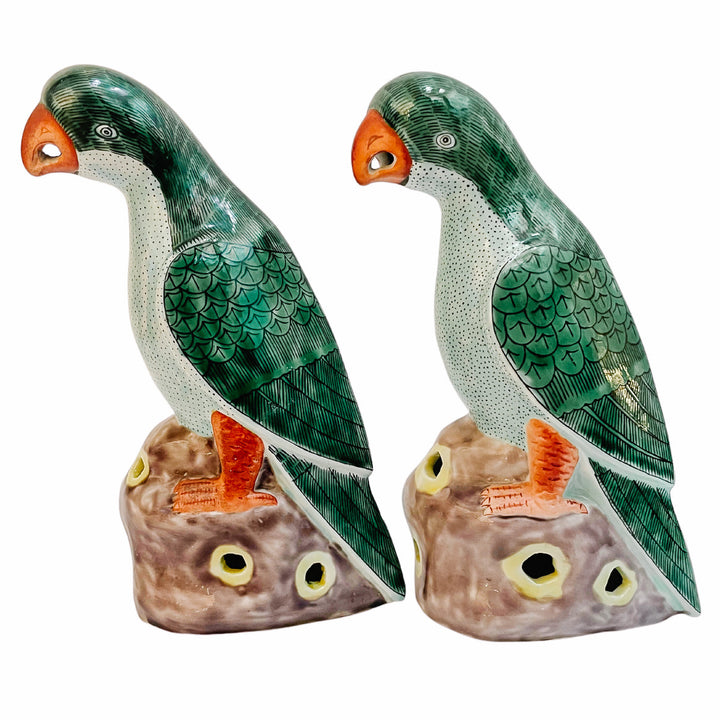 Pair of Antique Chinese Export Green Parrots Figurines