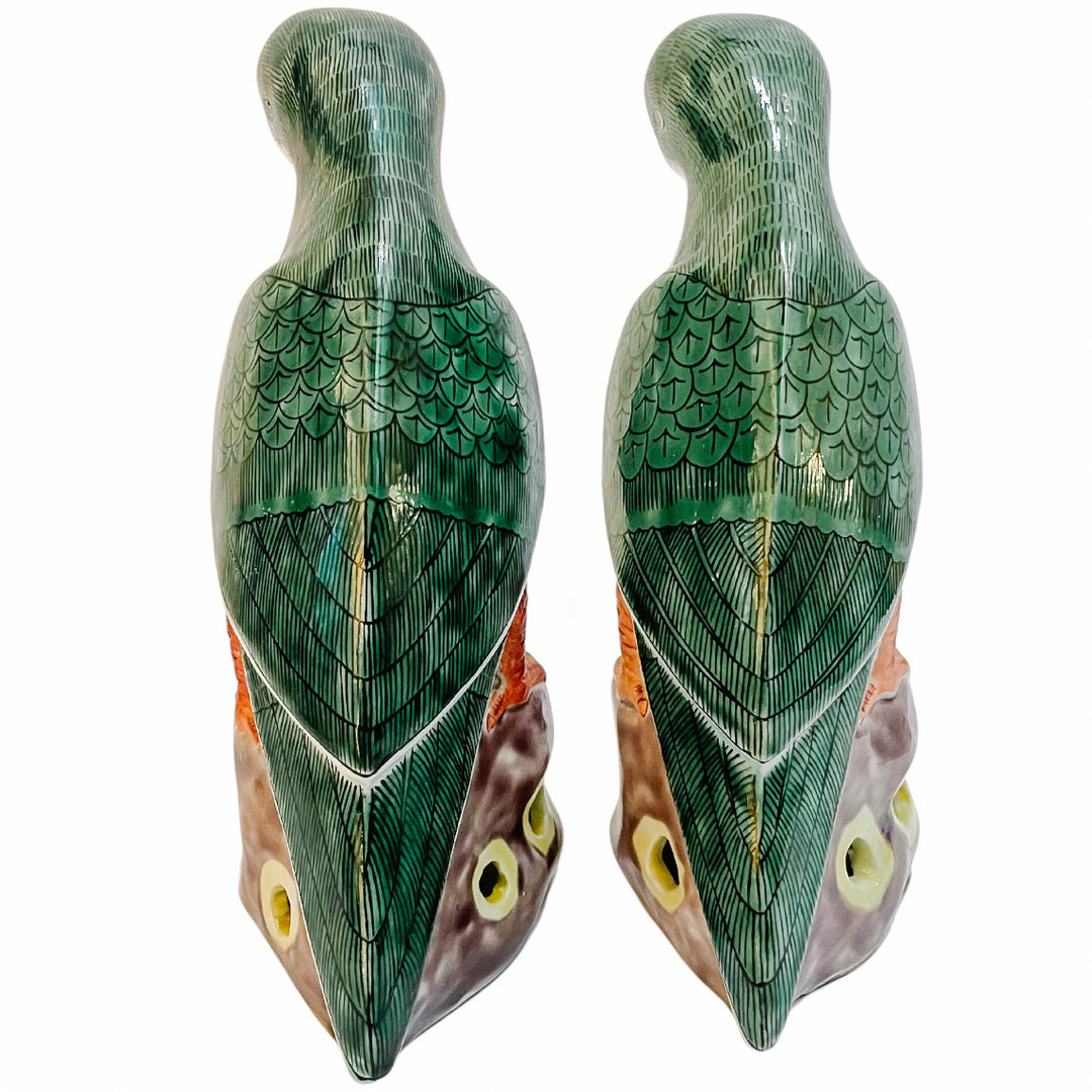 Pair of Antique Chinese Export Green Parrots Figurines