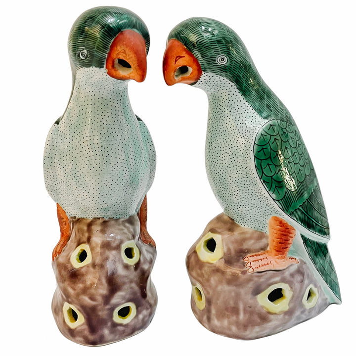 Pair of Antique Chinese Export Green Parrots Figurines