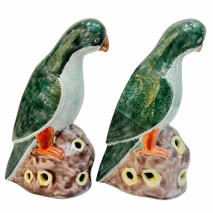 Pair of Antique Chinese Export Green Parrots Figurines