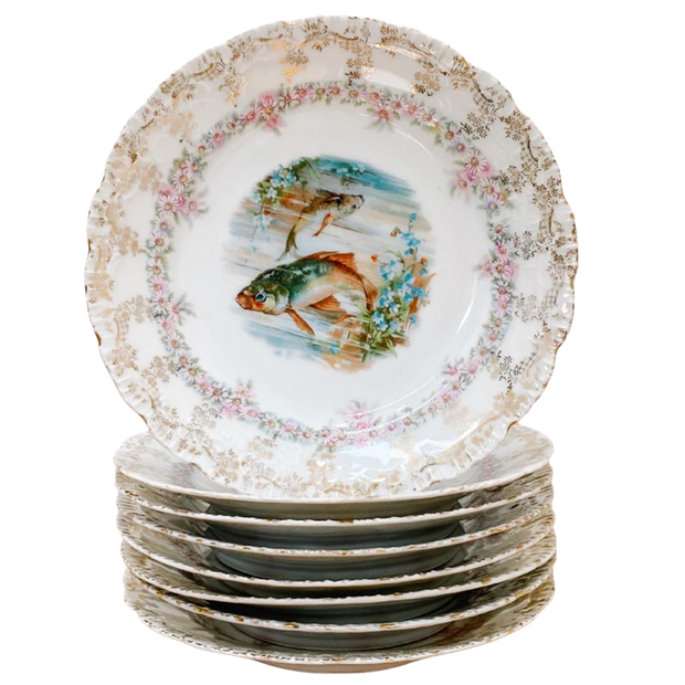Antique German Fish Plates, Set Of 8