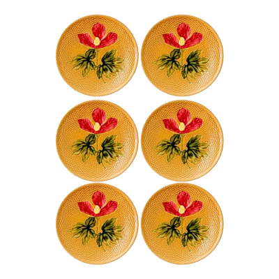 Antique German Majolica Basketweave Hibiscus Plates