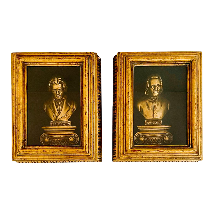 Beethoven & Liszt Busts Lacquered Giltwood Composer Shadow Boxes