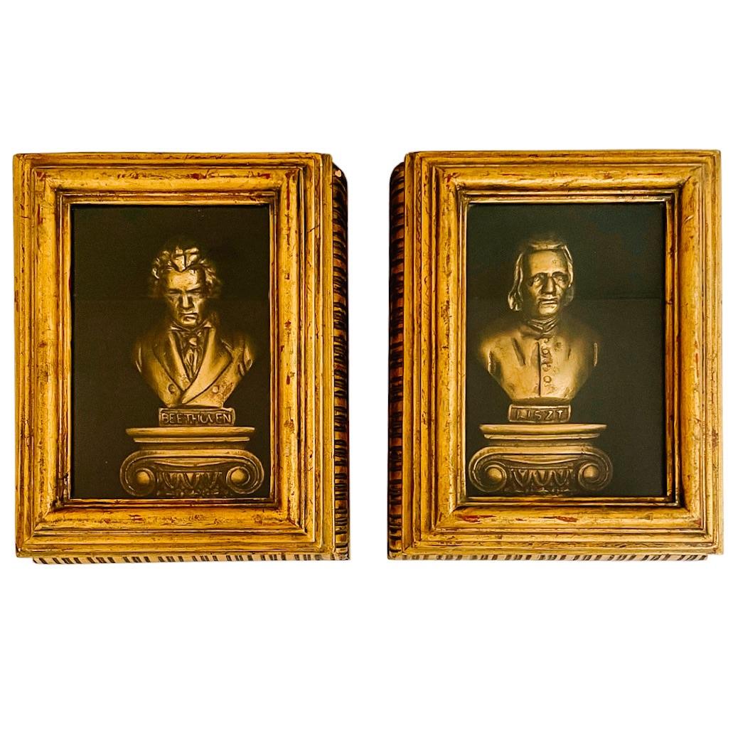 Beethoven & Liszt Busts Lacquered Giltwood Composer Shadow Boxes