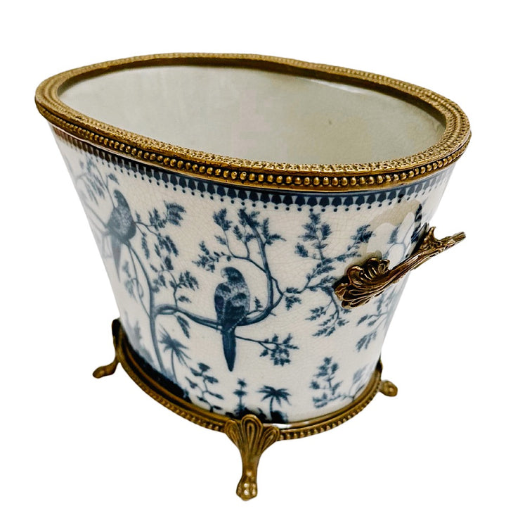 Blue & White Chinoiserie Bird Porcelain Planter With Bronze Ormolu