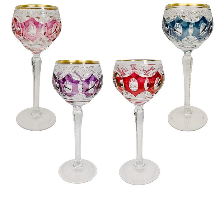 Bohemian Colored Cut Crystal Wine Hock Stem Glasses