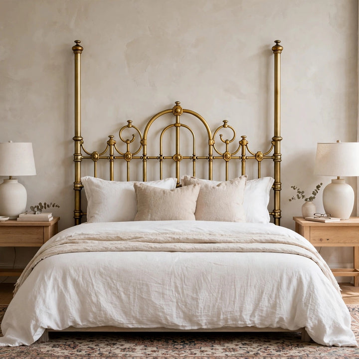 Antique English Victorian Solid Brass Full Size Headboard, Tall Post, 100% Brass, Arched Scrollwork