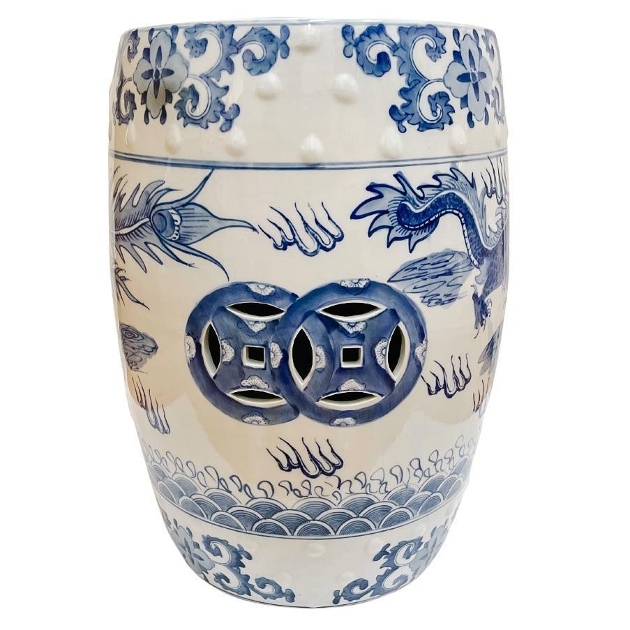 Chinese Blue & White Garden Stool With Dragon & Phoenix