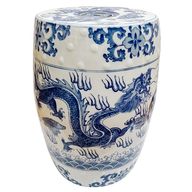 Chinese Blue & White Garden Stool With Dragon & Phoenix