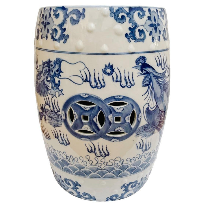 Chinese Blue & White Garden Stool With Dragon & Phoenix