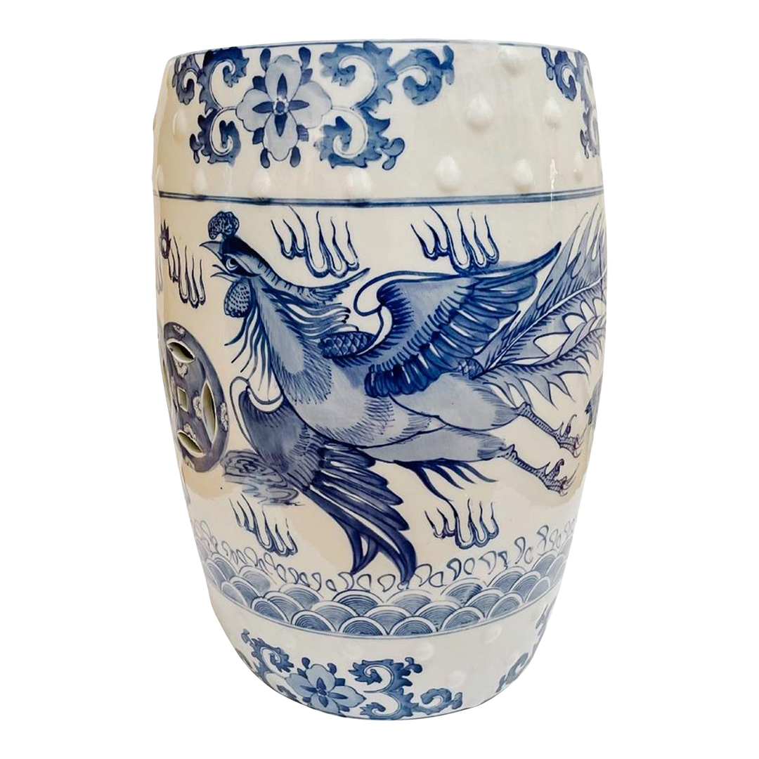 Chinese Blue & White Garden Stool With Dragon & Phoenix