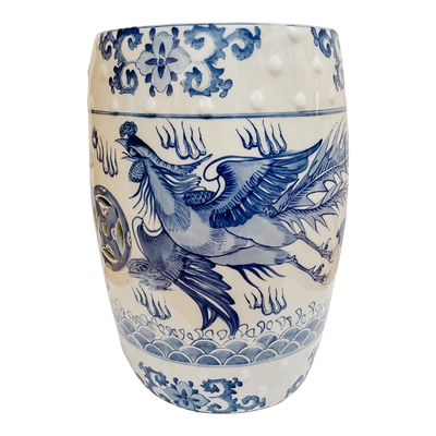 Chinese Blue & White Garden Stool With Dragon & Phoenix