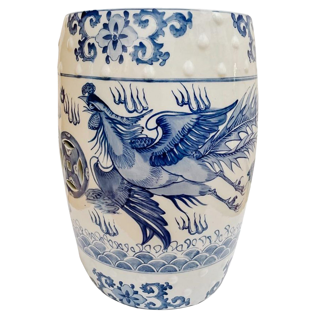 Chinese Blue & White Garden Stool With Dragon & Phoenix