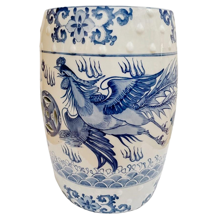 Chinese Blue & White Garden Stool With Dragon & Phoenix