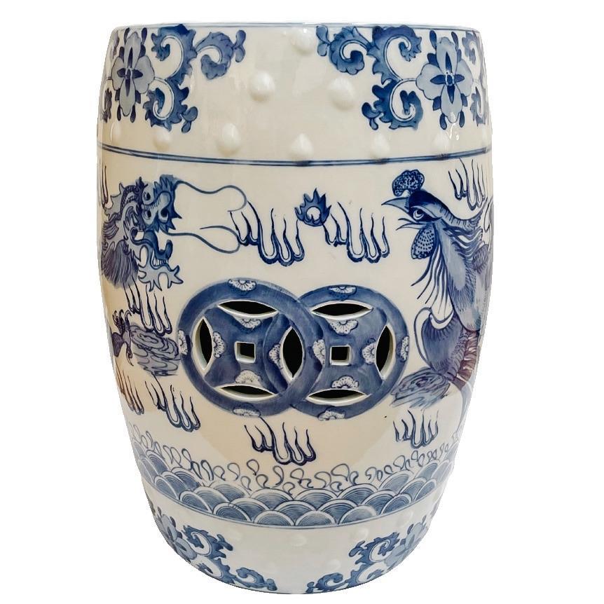 Chinese Blue & White Garden Stool With Dragon & Phoenix