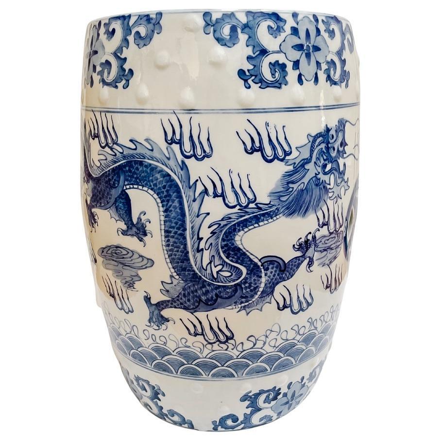 Chinese Blue & White Garden Stool With Dragon & Phoenix