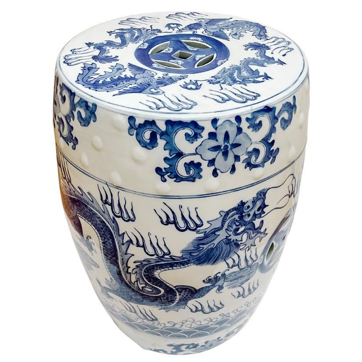 Chinese Blue & White Garden Stool With Dragon & Phoenix