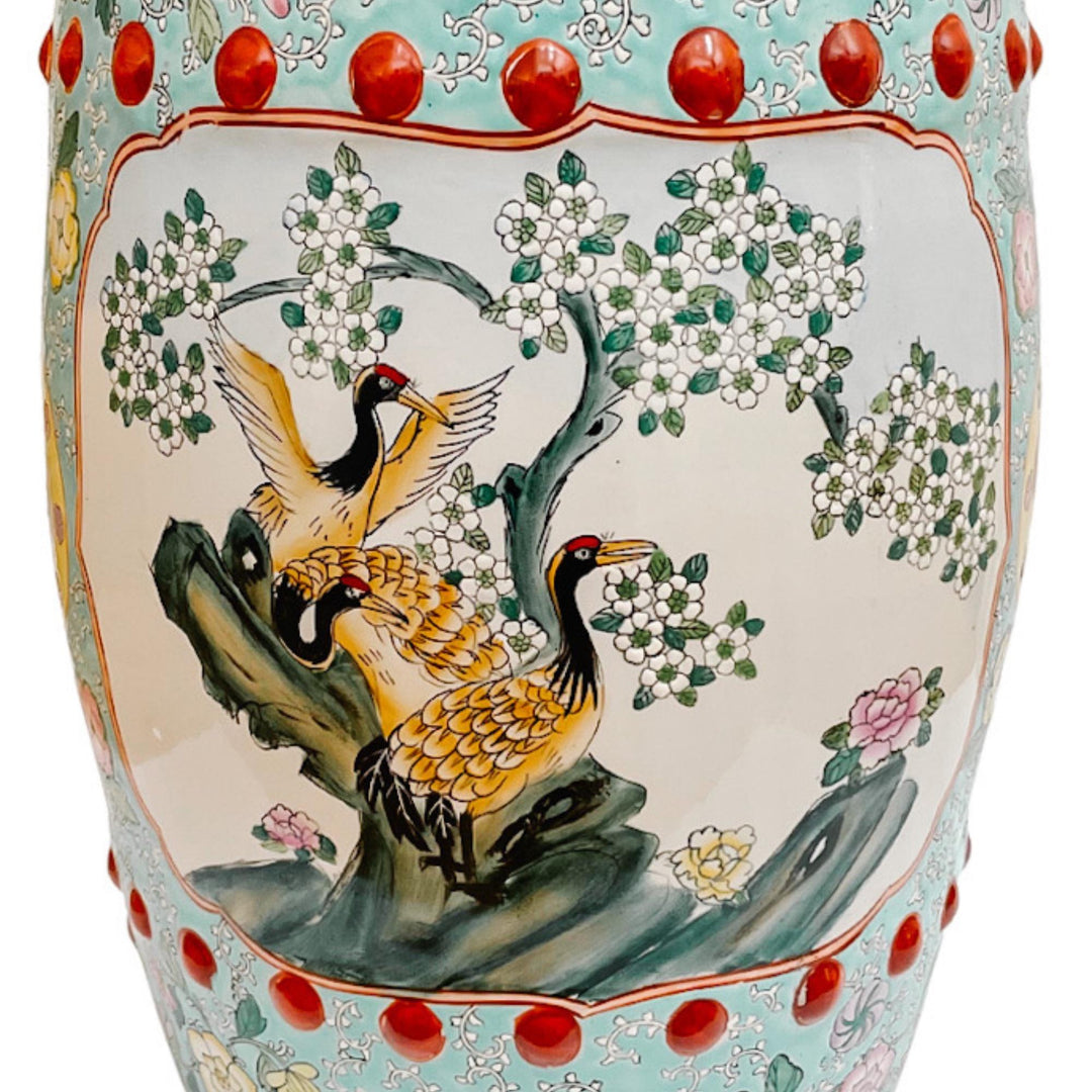 Chinese Famille Rose Turquoise Ground Cranes Garden Stool