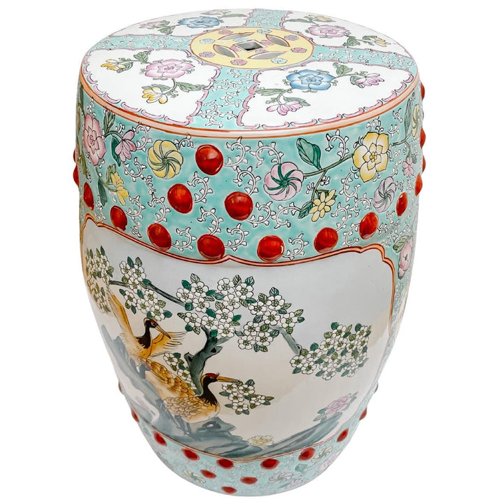 Chinese Famille Rose Turquoise Ground Cranes Garden Stool