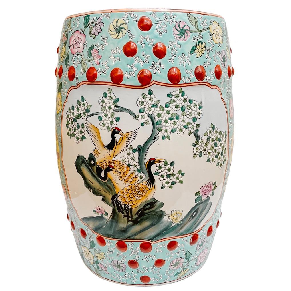 Chinese Famille Rose Turquoise Ground Cranes Garden Stool