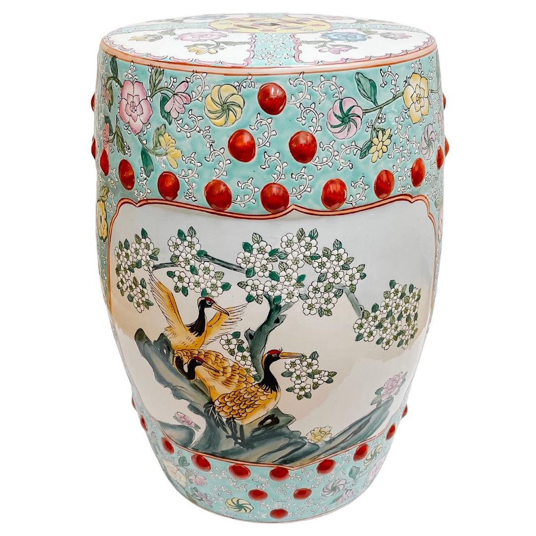 Chinese Famille Rose Turquoise Ground Cranes Garden Stool