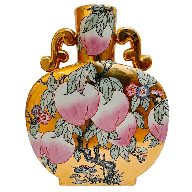 Chinese Gold Mirrored Moon Flask Vase With Pink Peaches